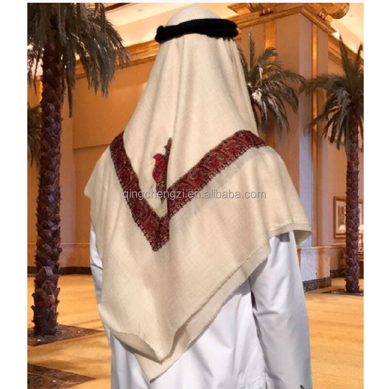 Men's Headscarf Manufacturer - Boutique Cashmere Meeting Clothes Beige Embroidered Yemeni Shemagh