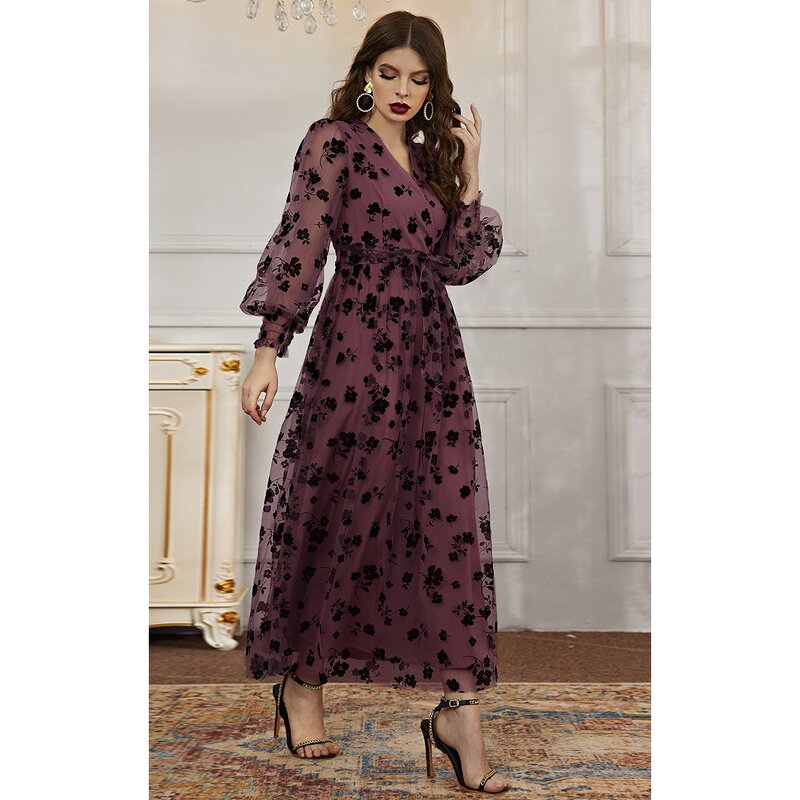 Long Sleeve Dress Manufacturer - INS Trendy Embroidery V Neck High Waist Flowers Long Printed Lace