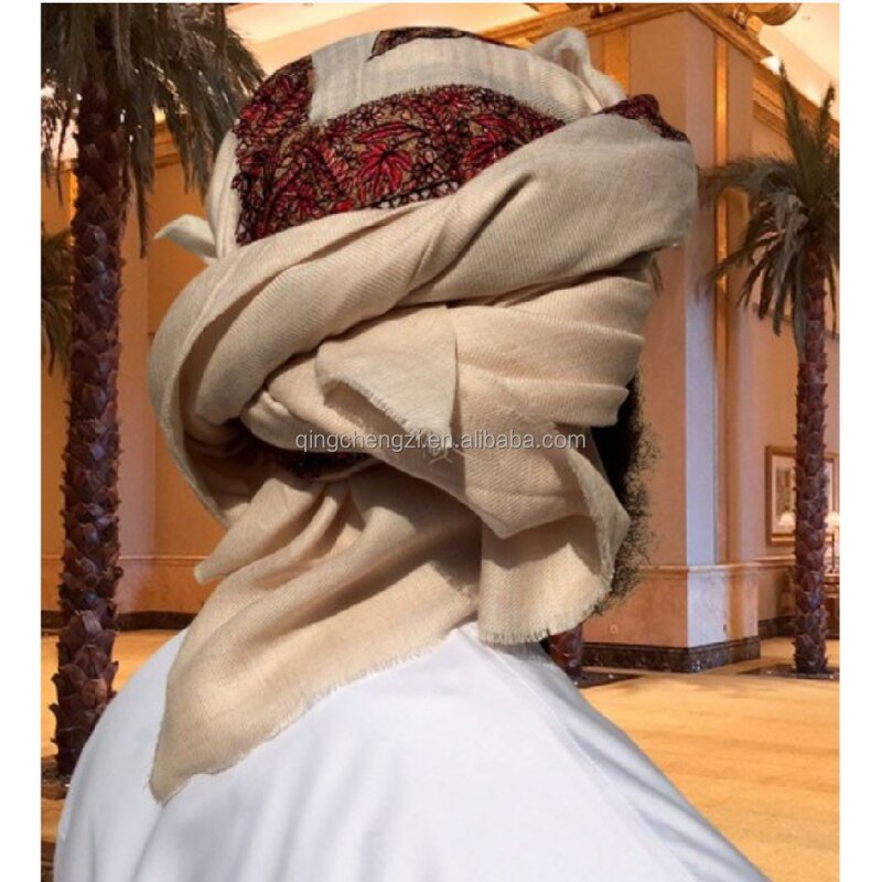 Men's Headscarf Manufacturer - Boutique Cashmere Meeting Clothes Beige Embroidered Yemeni Shemagh