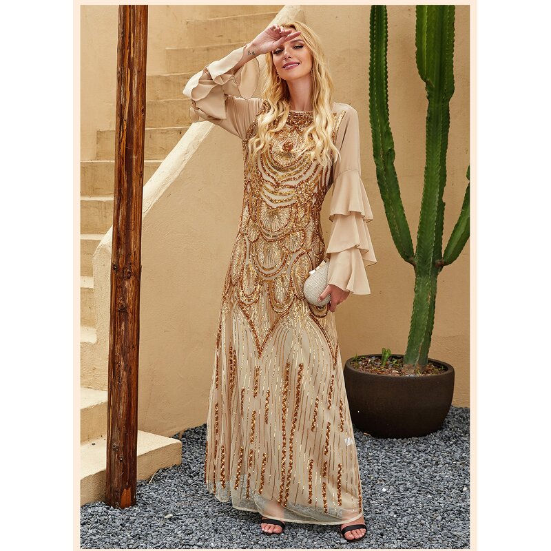 Embroidered Robe Dress Manufacturer - Ins Gold Multi-layer Lotus Leaf Sleeve Positioning Sequin