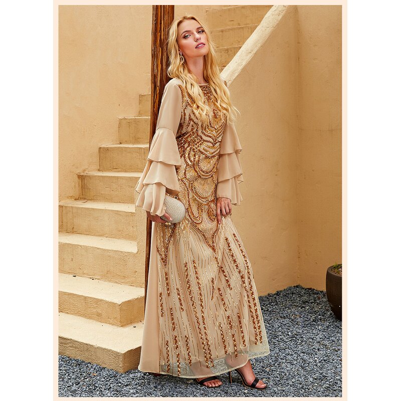 Embroidered Robe Dress Manufacturer - Ins Gold Multi-layer Lotus Leaf Sleeve Positioning Sequin