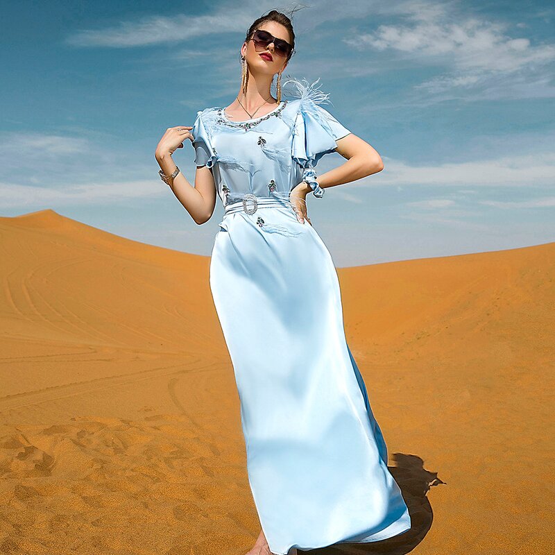 Muslim Style Dress Manufacturer - Light Blue Satin Surface Lotus Leaf Feather Hand Sewing