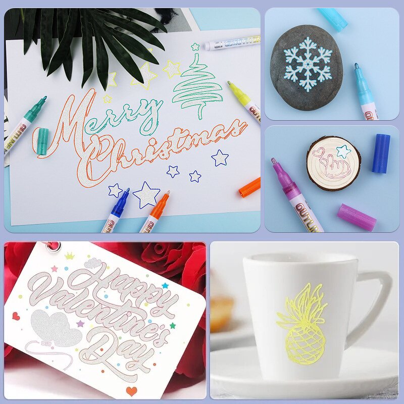 Glitter Outline Pens Sets Manufacturer - Custom Logo Labels Shimmering 12 Colors Double Lines Non-Toxic PET Material