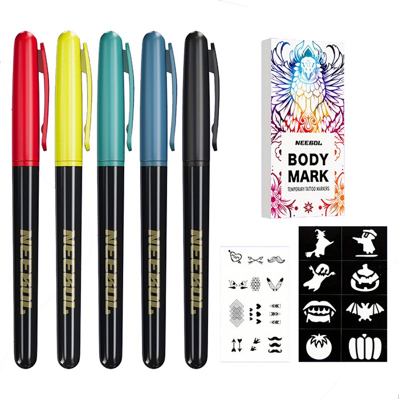Skin Tattoo Pens Manufacturer - Medical Grade Non-Toxic Safe with Soft Brush Tips Fine Tip Waterproof Stencil Set