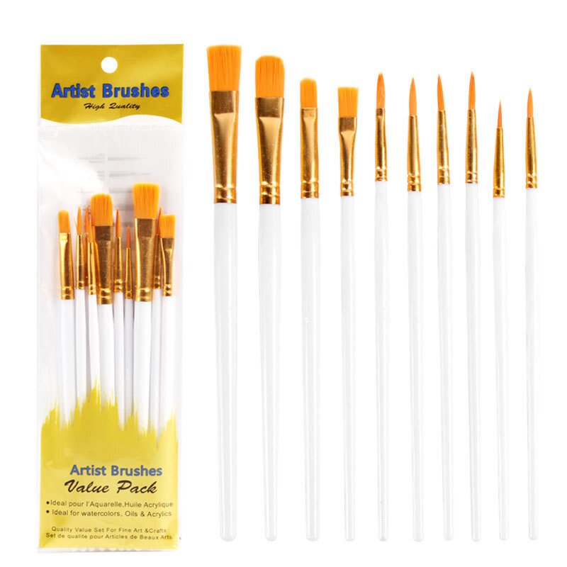 Artist Paint Brushes Sets Manufacturer - White/Black/Blue/Pink/Purple Wood Handle 10 Packs with Nylon Hair Material