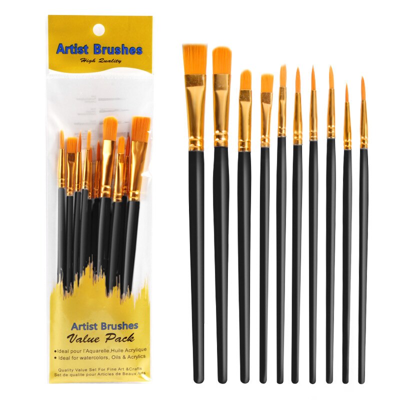Artist Paint Brushes Sets Manufacturer - White/Black/Blue/Pink/Purple Wood Handle 10 Packs with Nylon Hair Material