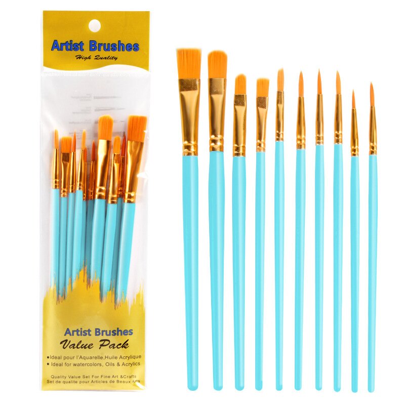 Paint Brushes Set Manufacturer - Multi-Color 10-Pack with Nylon Brushes and Nib Wood Handle