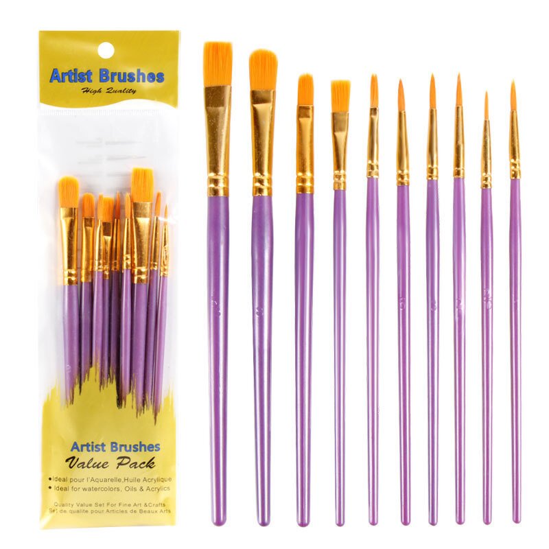 Artist Paint Brushes Sets Manufacturer - White/Black/Blue/Pink/Purple Wood Handle 10 Packs with Nylon Hair Material