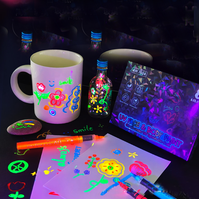 UV Tattoo Markers Manufacturer - Quick-Dry Smudge-proof Water-Based Easy Wash off Glow in the Dark Fine Tip 8 Colors
