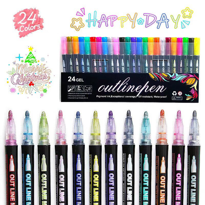 Glitter Outline Pens Sets Manufacturer - Custom Logo Labels Shimmering 12 Colors Double Lines Non-Toxic PET Material