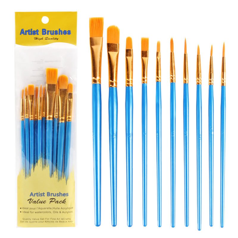Paint Brushes Set Manufacturer - Multi-Color 10-Pack with Nylon Brushes and Nib Wood Handle