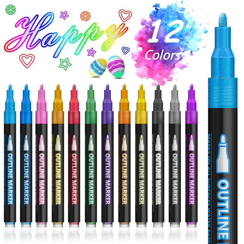 Outline Markers Manufacturer - Double Line 12 Colors Super Squiggles Glitter Metallic Self Outline Set