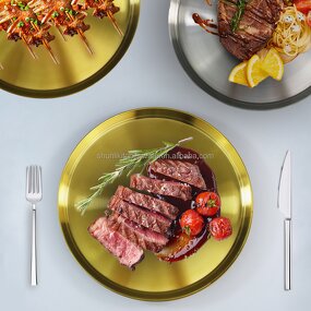 Dinnerware Set Manufacturer - Factory Wholesale Gold Metal Plates Stainless Steel Pizza Serving Tray Round Dinner Plates