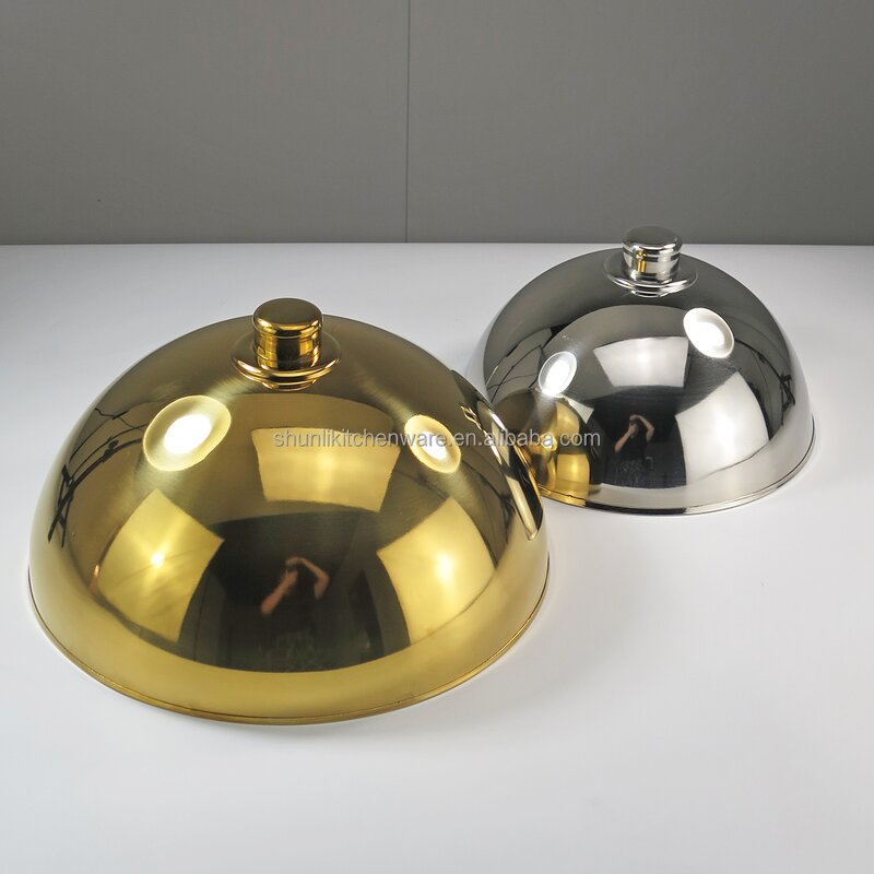 Food Cover Manufacturer - Golden Thickened Stainless Steel Round Iron Pan Lid Dome Lid for Dining Plate with Handle