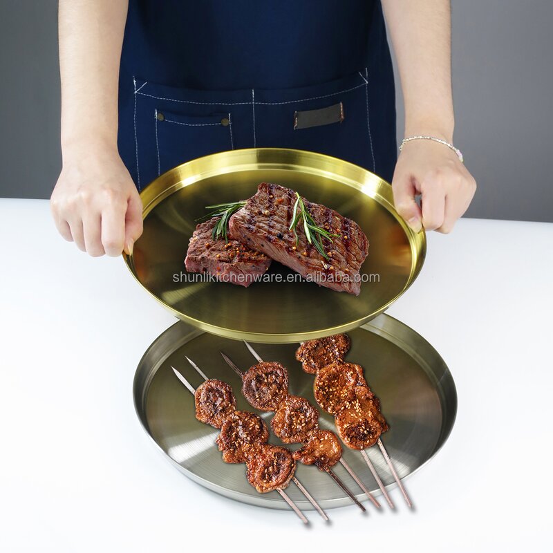 Dinnerware Set Manufacturer - Factory Wholesale Gold Metal Plates Stainless Steel Pizza Serving Tray Round Dinner Plates