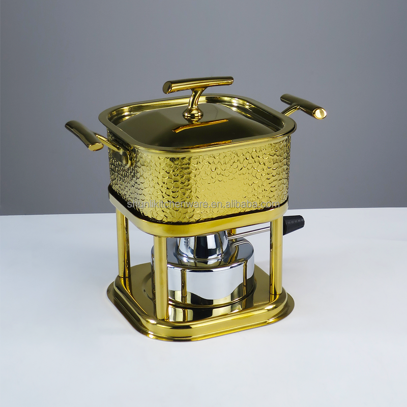 Fondue Pot Manufacturer - Luxury Three-ply Golden Square Mini Fondue 304 Stainless Steel Premium Gas Heated