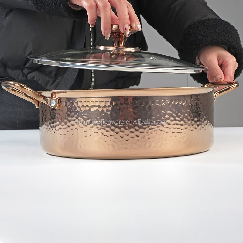 Chafing Dish Manufacturer - Rose Gold 304 Stainless Steel Hammer Pattern Hot Pot Induction Cooker With Glass Lid