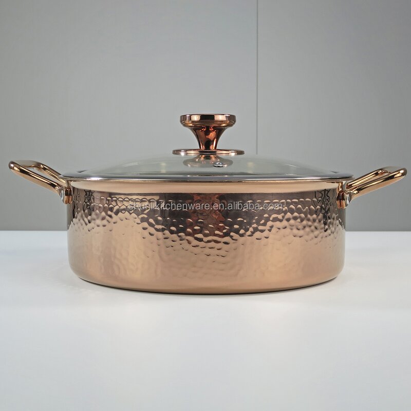 Chafing Dish Manufacturer - Rose Gold 304 Stainless Steel Hammer Pattern Hot Pot Induction Cooker With Glass Lid
