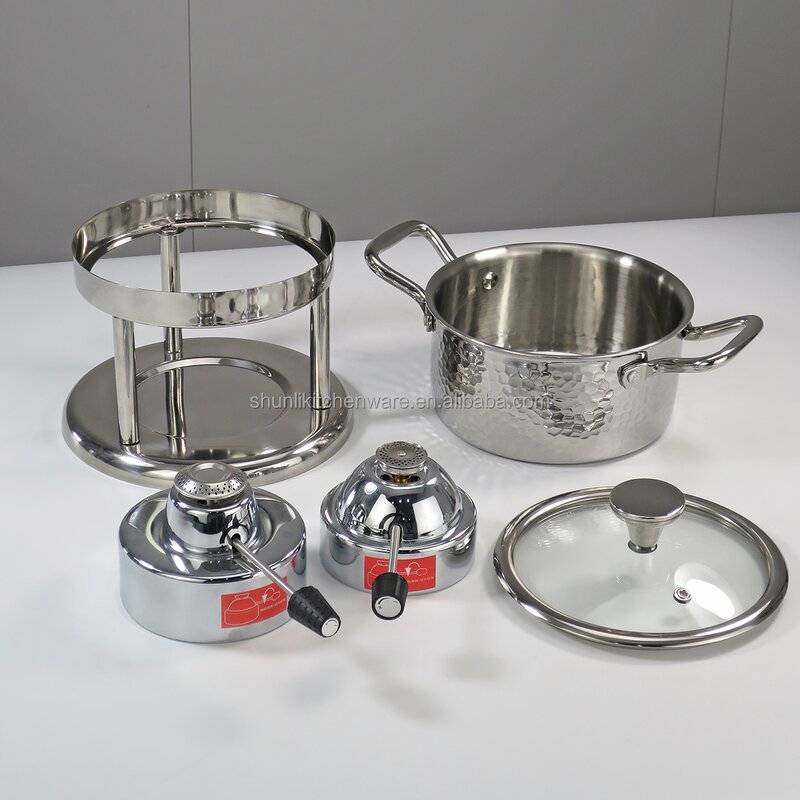 Commercial Hot Pot Set Manufacturer - Single Small Food Heater Stainless Steel Mini Three-piece Cooking Pot With Glass Cover