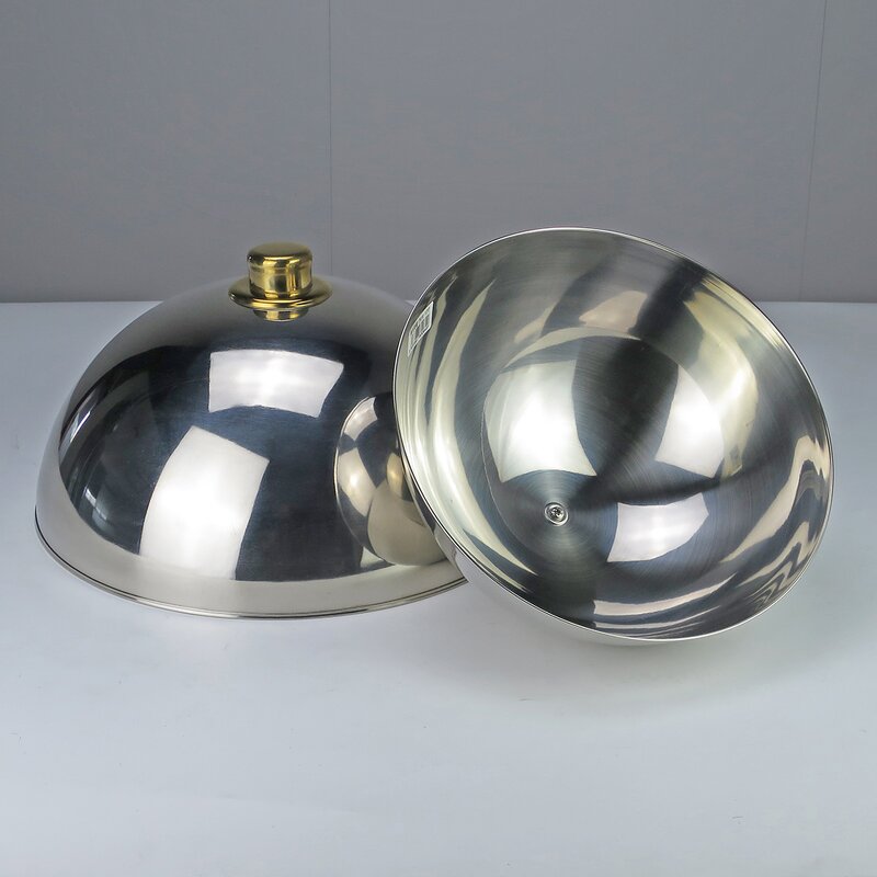 Food Cover Manufacturer - Golden Thickened Stainless Steel Round Iron Pan Lid Dome Lid for Dining Plate with Handle