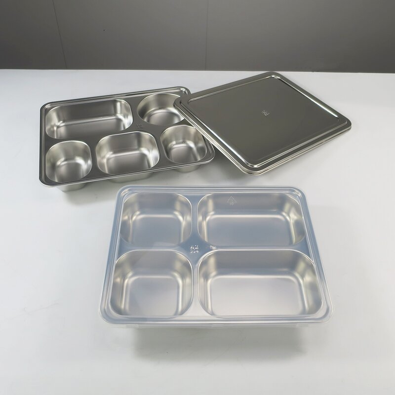 School Lunch Box Manufacturer - Restaurant Canteen Stainless Steel with Lid Food Grade Fast Food Tray 5 Compartments