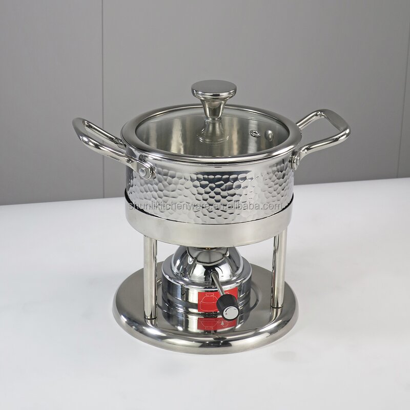 Commercial Hot Pot Set Manufacturer - Single Small Food Heater Stainless Steel Mini Three-piece Cooking Pot With Glass Cover
