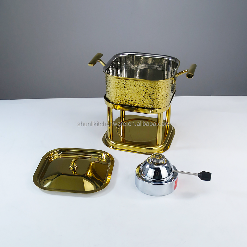 Fondue Pot Manufacturer - Luxury Three-ply Golden Square Mini Fondue 304 Stainless Steel Premium Gas Heated