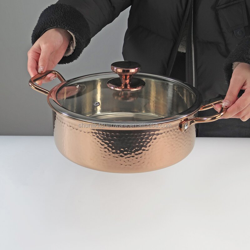 Chafing Dish Manufacturer - Rose Gold 304 Stainless Steel Hammer Pattern Hot Pot Induction Cooker With Glass Lid