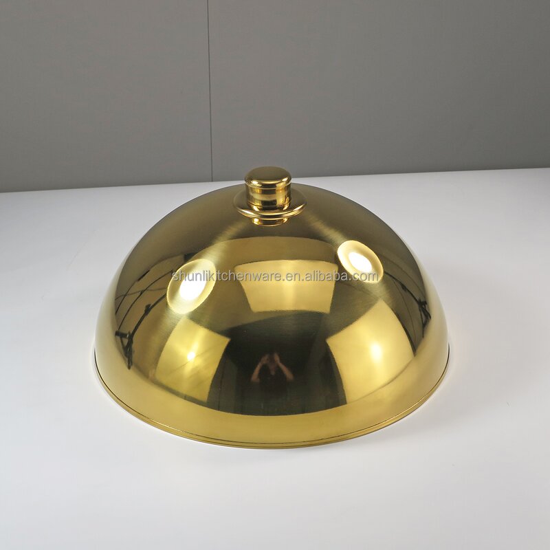 Food Cover Manufacturer - Golden Thickened Stainless Steel Round Iron Pan Lid Dome Lid for Dining Plate with Handle