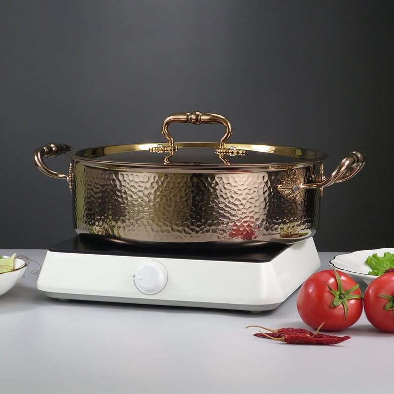 Chafing Dish Manufacturer - Rose Gold 304 Stainless Steel Hammer Pattern Hot Pot Induction Cooker With Sunken Lid