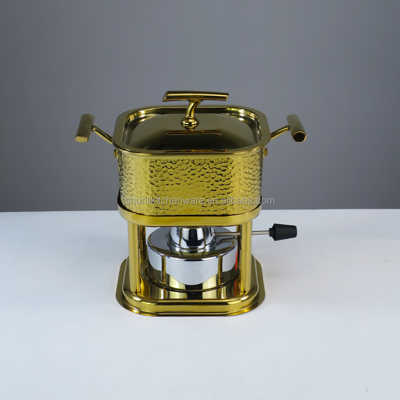 Fondue Pot Manufacturer - Luxury Three-ply Golden Square Mini Fondue 304 Stainless Steel Premium Gas Heated