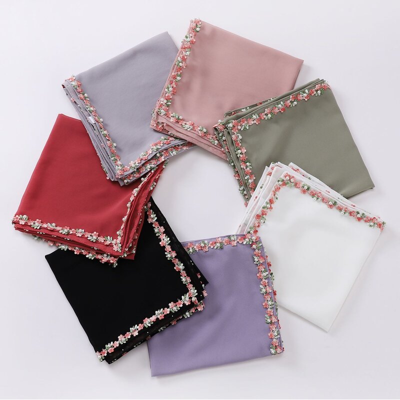 Scarf Manufacturer - New Chiffon Small Flower Lace Beaded Malaysia Headband Shawl Women's Square Hijab