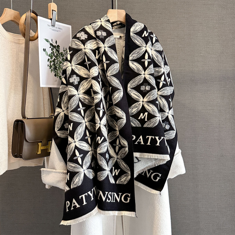 Long Scarf Manufacturer - Autumn New Letter Printed Plants Flowers Imitation Cashmere Women's Multi-Functional All-Match Thickened Warm