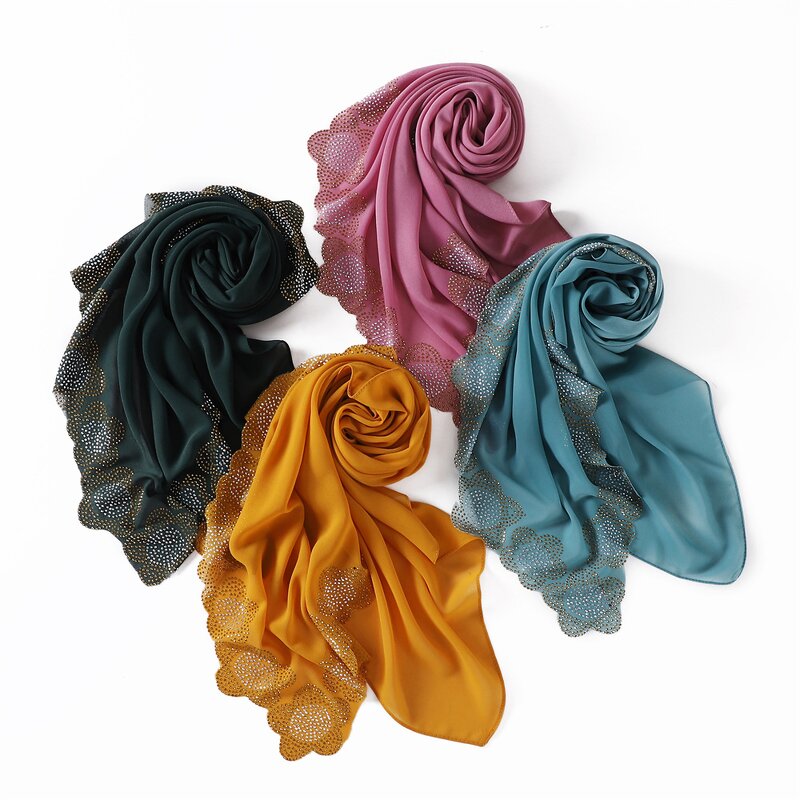 Square Scarf Manufacturer - Wholesale Muslim Hijab 90*90cm Malaysia Style Pearl Chiffon Solid Colour Cut Flower Ironed Diamond