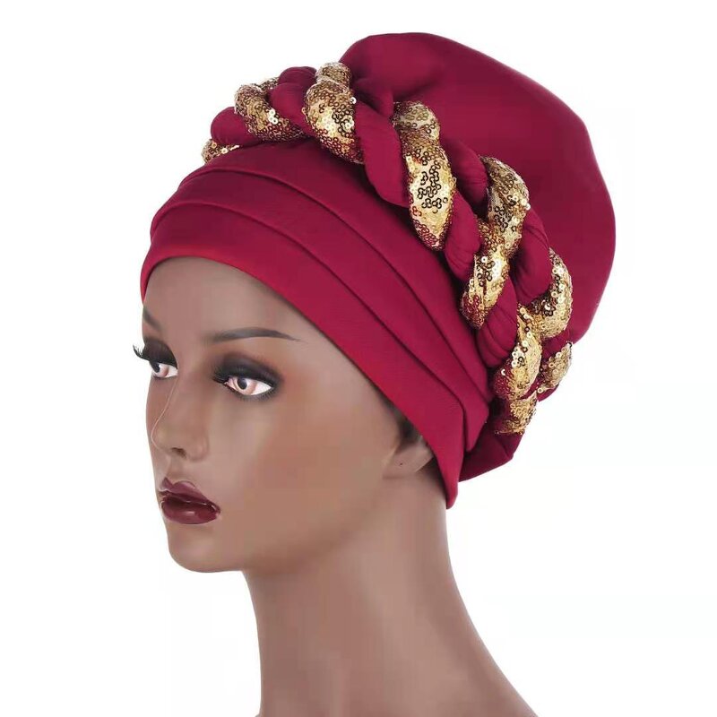 Turban Hat Manufacturer - 2021 New Muslim With Sequin Braid Bandanas for Women Female Headscarf African
