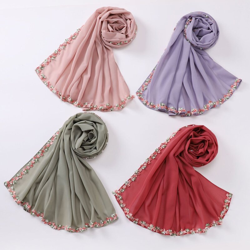 Scarf Manufacturer - New Chiffon Small Flower Lace Beaded Malaysia Headband Shawl Women's Square Hijab