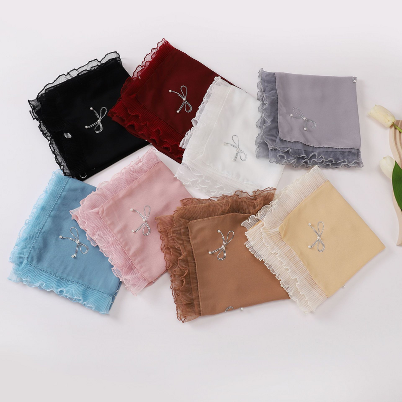 Square Scarf Manufacturer - Cross-Border Live Streaming Dropshipping Bowknot Rhinestone Beaded Organza Lace Pearl Chiffon Hui Ethnic Veil