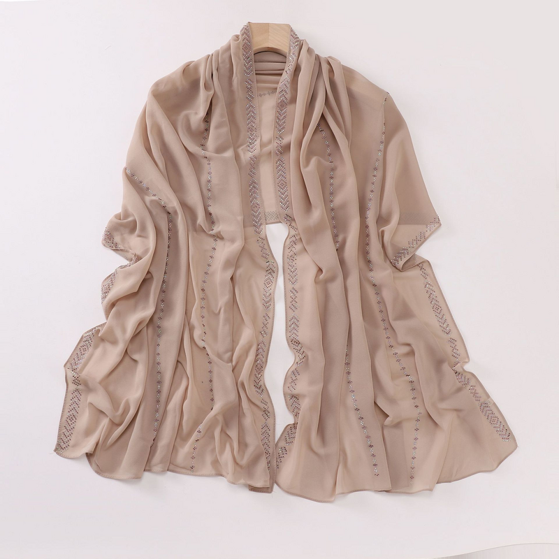 Pearl Chiffon Scarf Manufacturer - Cross-border Live Streaming New Style Four Seasons Long Hot Fix Rhinestone Hui Ethnic Shawl Middle