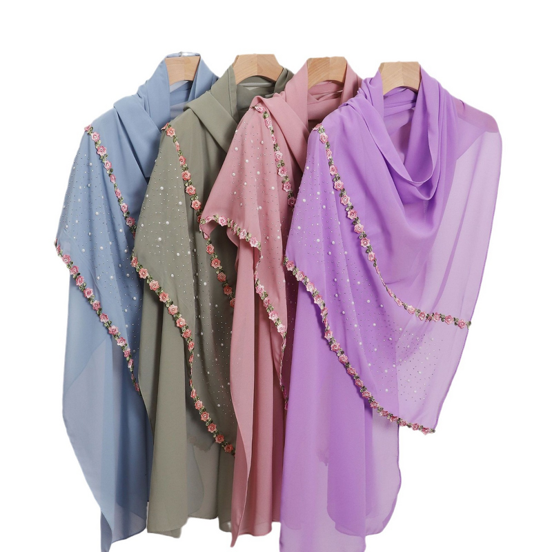 Chiffon Scarf Manufacturer - Cross-border New Polyester Hot-fix Rhinestone Floral Pastoral Style Lace Hui Ethnic Shawl Middle East Africa