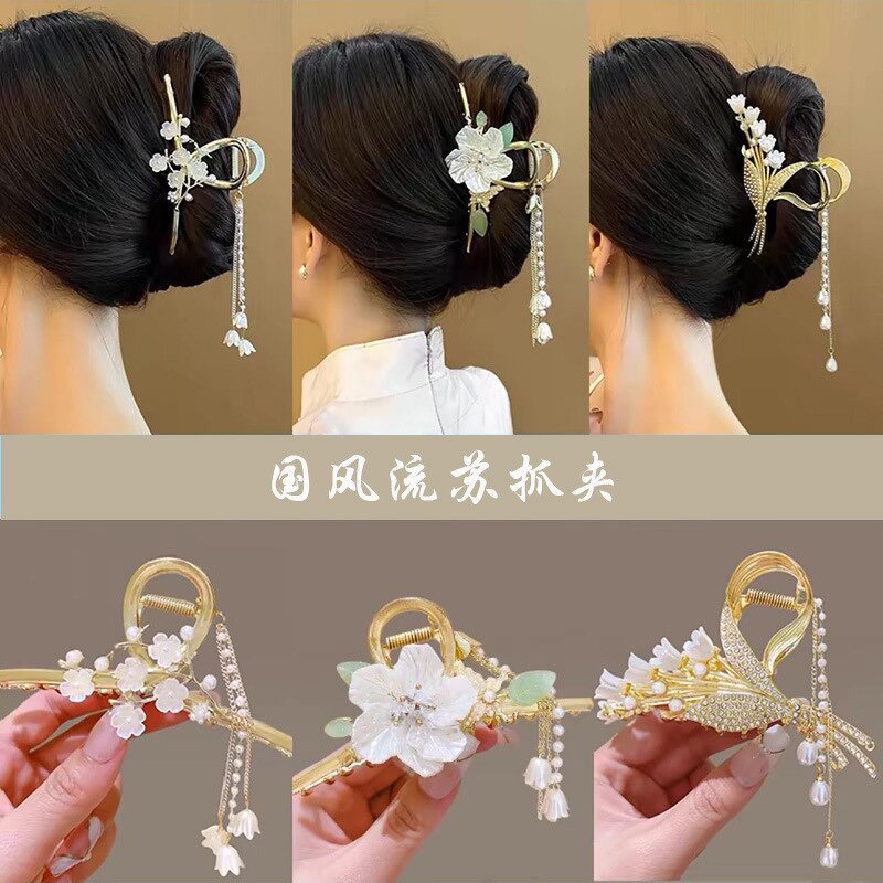 Hair Clip Manufacturer - Wholesale Large Fashionable Fairy Girl Flower Rhinestone Pearl Tassel Zinc Alloy Metal