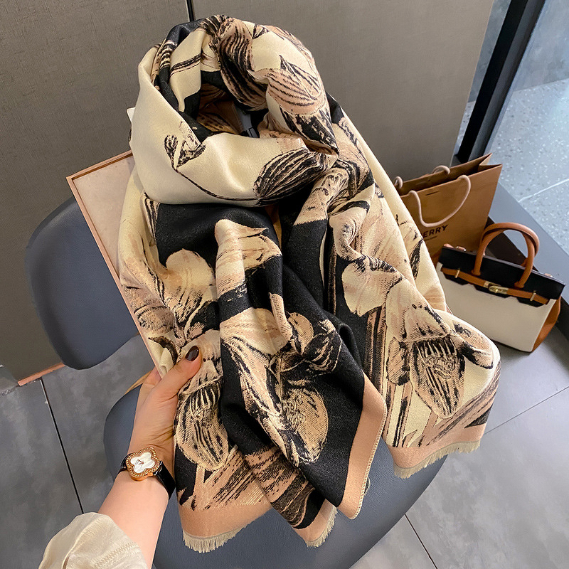 Long Scarf Manufacturer - New Autumn Winter Color Block Floral Magnolia Fashion Acrylic Women Korean Version Versatile Elegant Neck