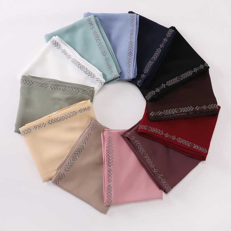 Pearl Chiffon Scarf Manufacturer - Cross-border Live Streaming New Style Four Seasons Long Hot Fix Rhinestone Hui Ethnic Shawl Middle