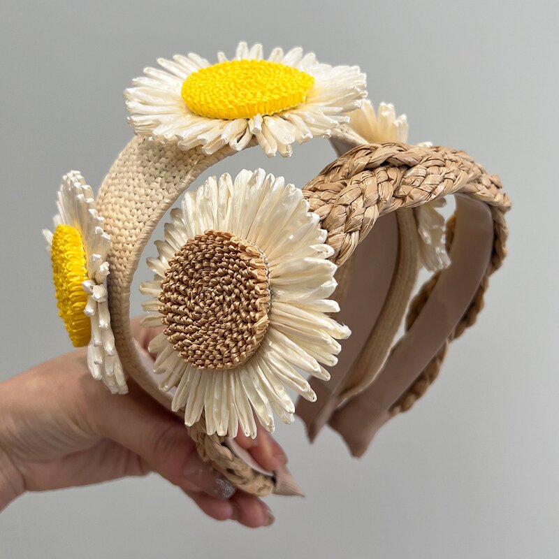 Sunflower Headband Manufacturer - Pastoral Style Flower Handmade Braided Solid Color Wide Hair Ribbons