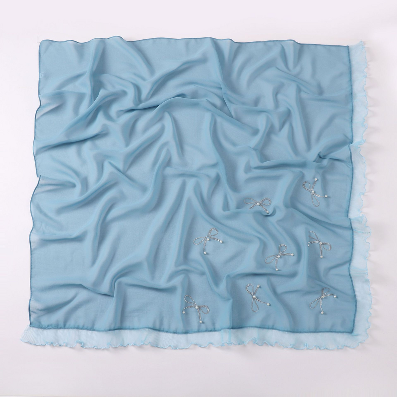 Square Scarf Manufacturer - Cross-Border Live Streaming Dropshipping Bowknot Rhinestone Beaded Organza Lace Pearl Chiffon Hui Ethnic Veil