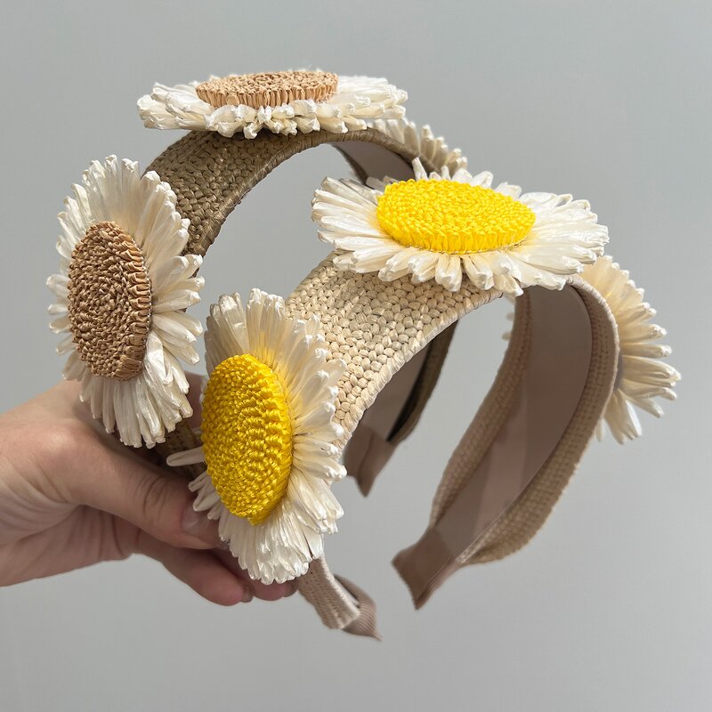 Sunflower Headband Manufacturer - Pastoral Style Flower Handmade Braided Solid Color Wide Hair Ribbons