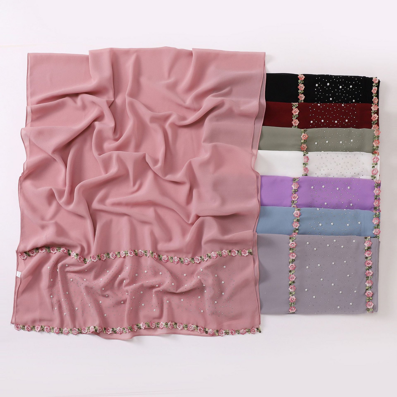 Chiffon Scarf Manufacturer - Cross-border New Polyester Hot-fix Rhinestone Floral Pastoral Style Lace Hui Ethnic Shawl Middle East Africa