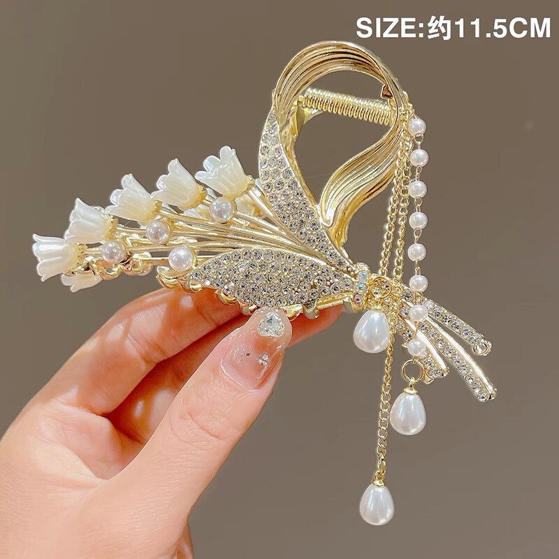 Hair Clip Manufacturer - Wholesale Large Fashionable Fairy Girl Flower Rhinestone Pearl Tassel Zinc Alloy Metal