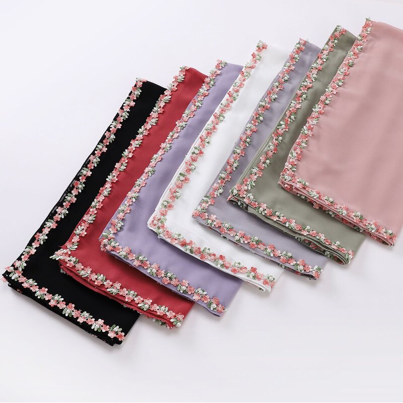 Scarf Manufacturer - New Chiffon Small Flower Lace Beaded Malaysia Headband Shawl Women's Square Hijab
