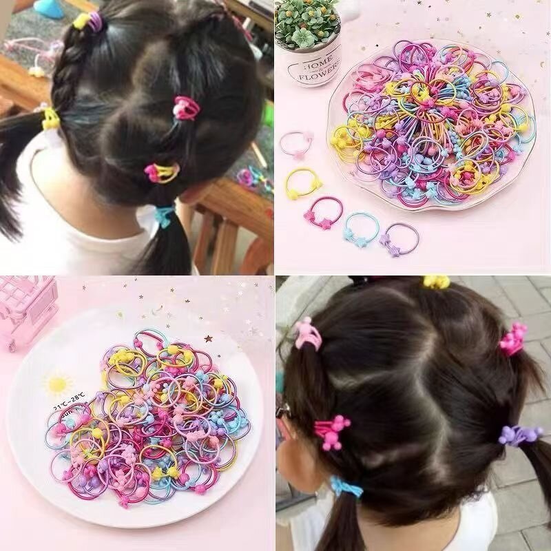 Elastic Hair Ties Manufacturer - Hot Sale 50pcs Bag Baby Girls Colorful Cartoon Shape Kids Ponytail Holder