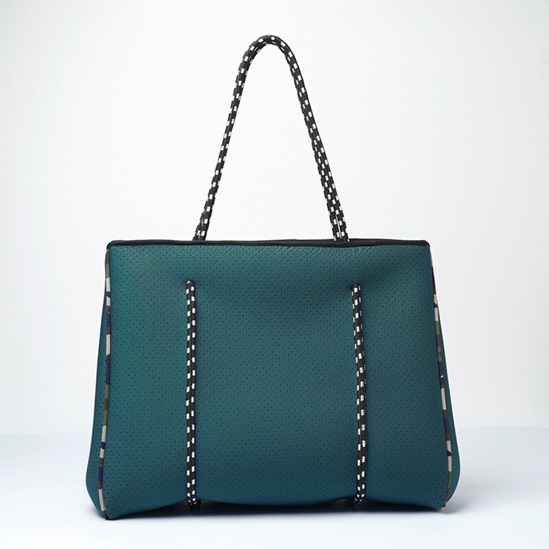 Checkered Neoprene Tote Bag Manufacturer - Design Punched Holes Hand With Top Zipper